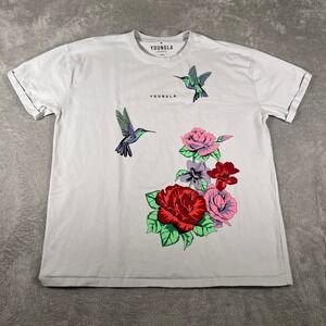 YOUNGLA Los Angeles Playera T-Shirt Mens Large White Floral Hummingbird Graphic
